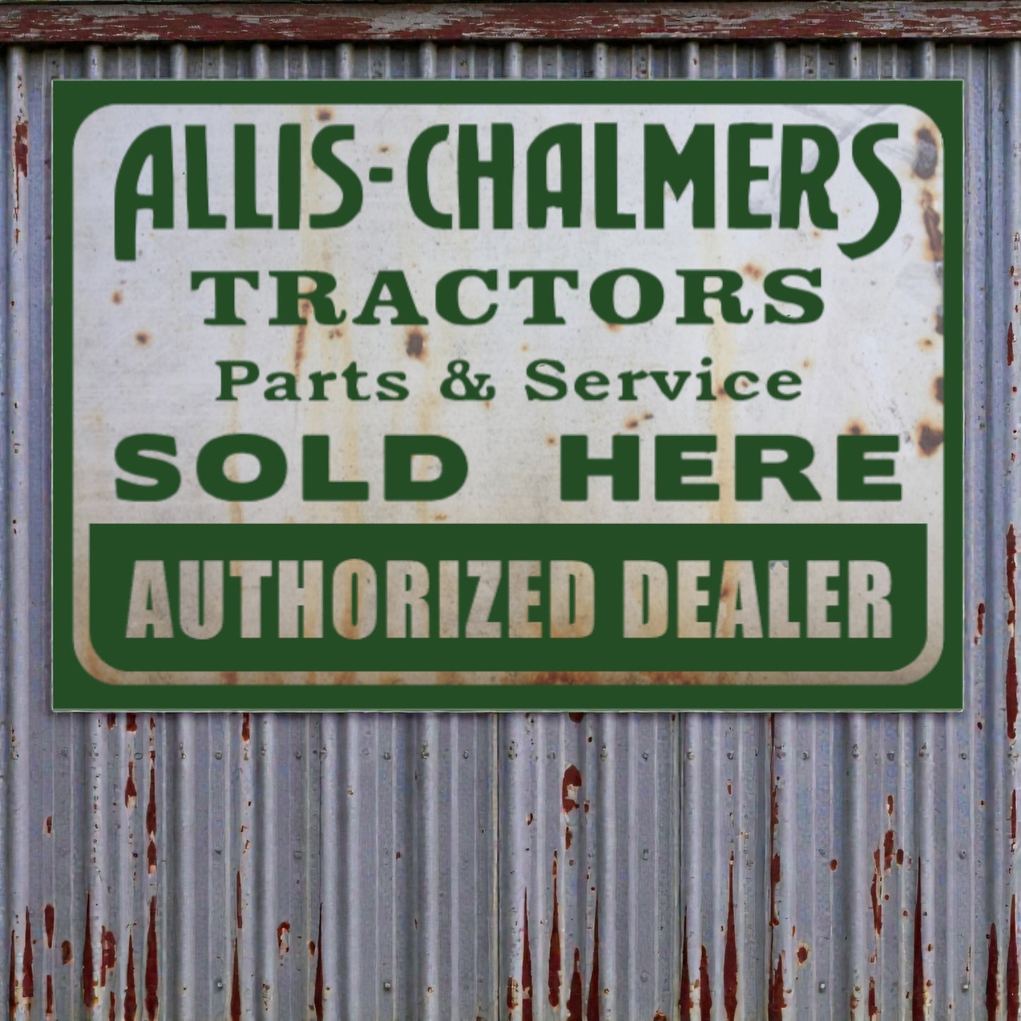 Rustic Allis-Chalmers tractors parts and service sign on a corrugated metal background.