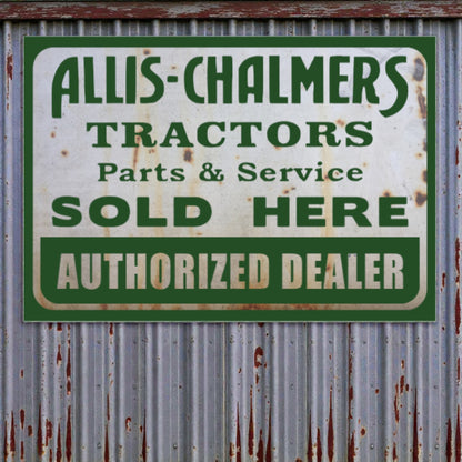 Rustic Allis-Chalmers tractors parts and service sign on a corrugated metal background.