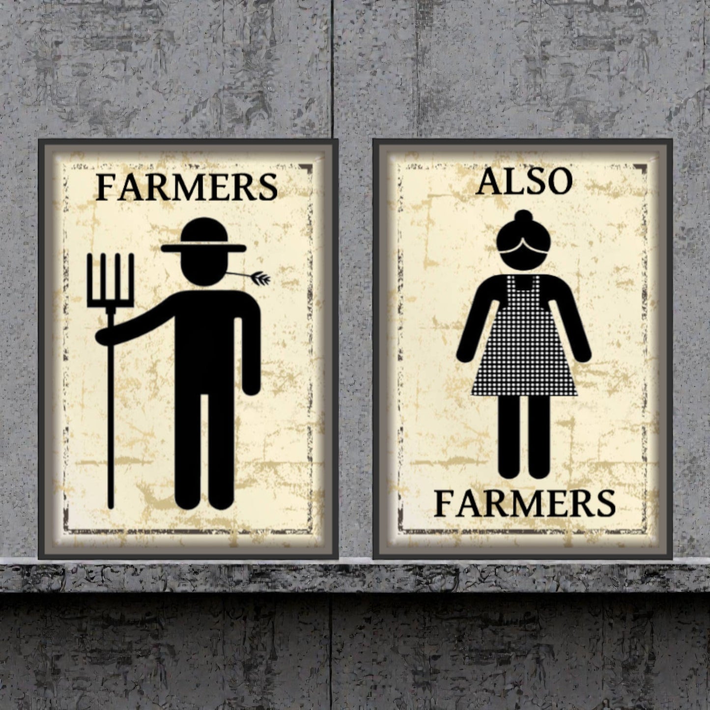 Two framed prints on a concrete wall, featuring stick figures of a farmer and a woman labeled 'Farmers Also Farmers'.