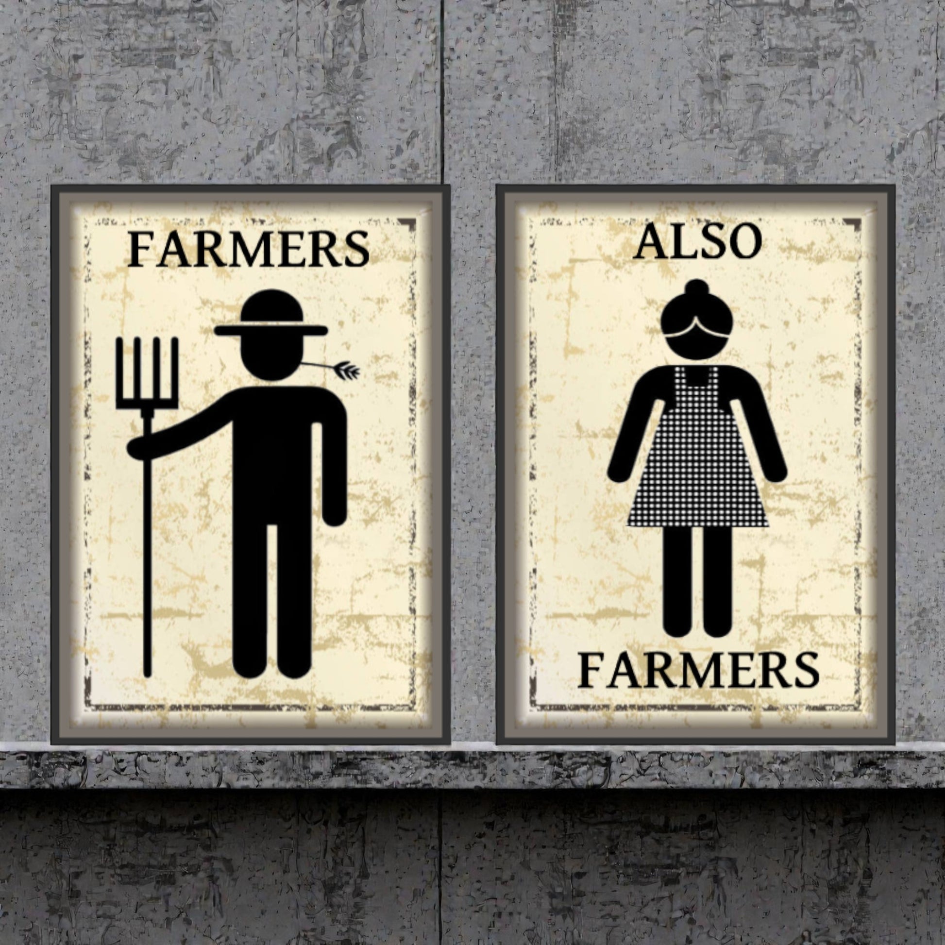 Two framed prints on a concrete wall, featuring stick figures of a farmer and a woman labeled 'Farmers Also Farmers'.