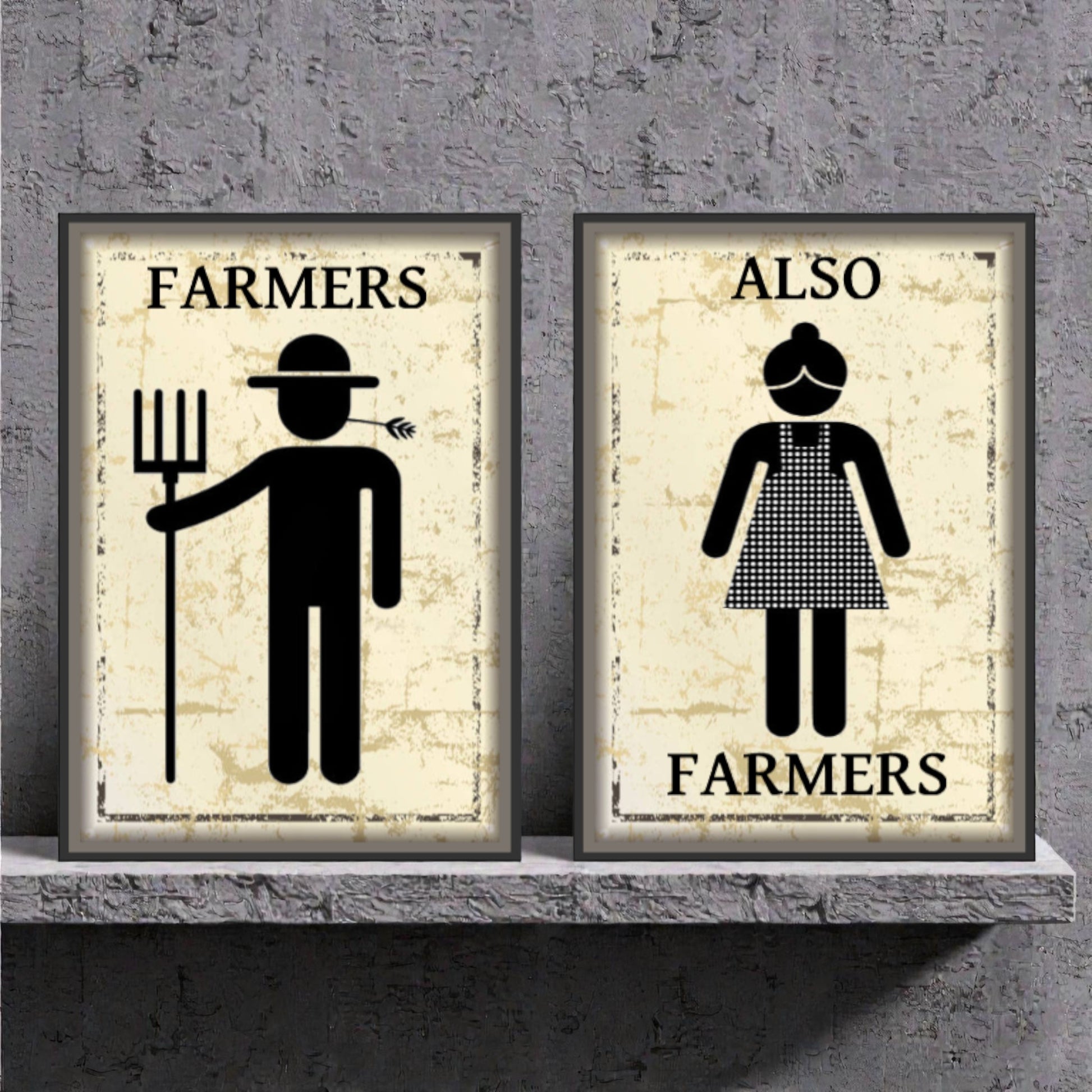 Two framed posters on a shelf with illustrations of a farmer and a woman labeled 'Farmers Also Farmers' against a textured wall.