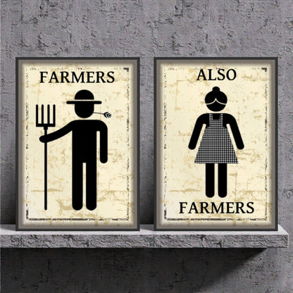 Two framed posters on a shelf with illustrations of a farmer and a woman labeled 'Farmers Also Farmers' against a textured wall.