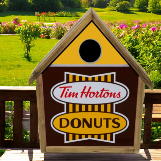 A handcrafted Tim Hortons-inspired birdhouse made from wood and metal, available in classic and Drive-Thru designs.
