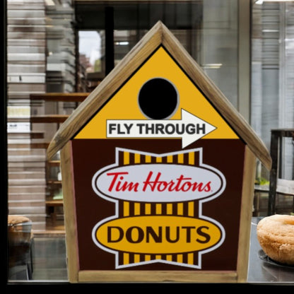 A handcrafted Tim Hortons-inspired birdhouse made from wood and metal, available in classic and Drive-Thru designs.
