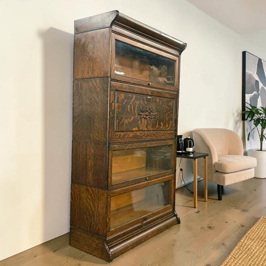 Antique quarter sawn oak barrister bookcase with fold-down writing desk.
