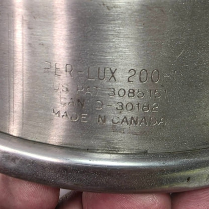 Vintage Perlux 200T stainless steel industrial spotlight with railway character.