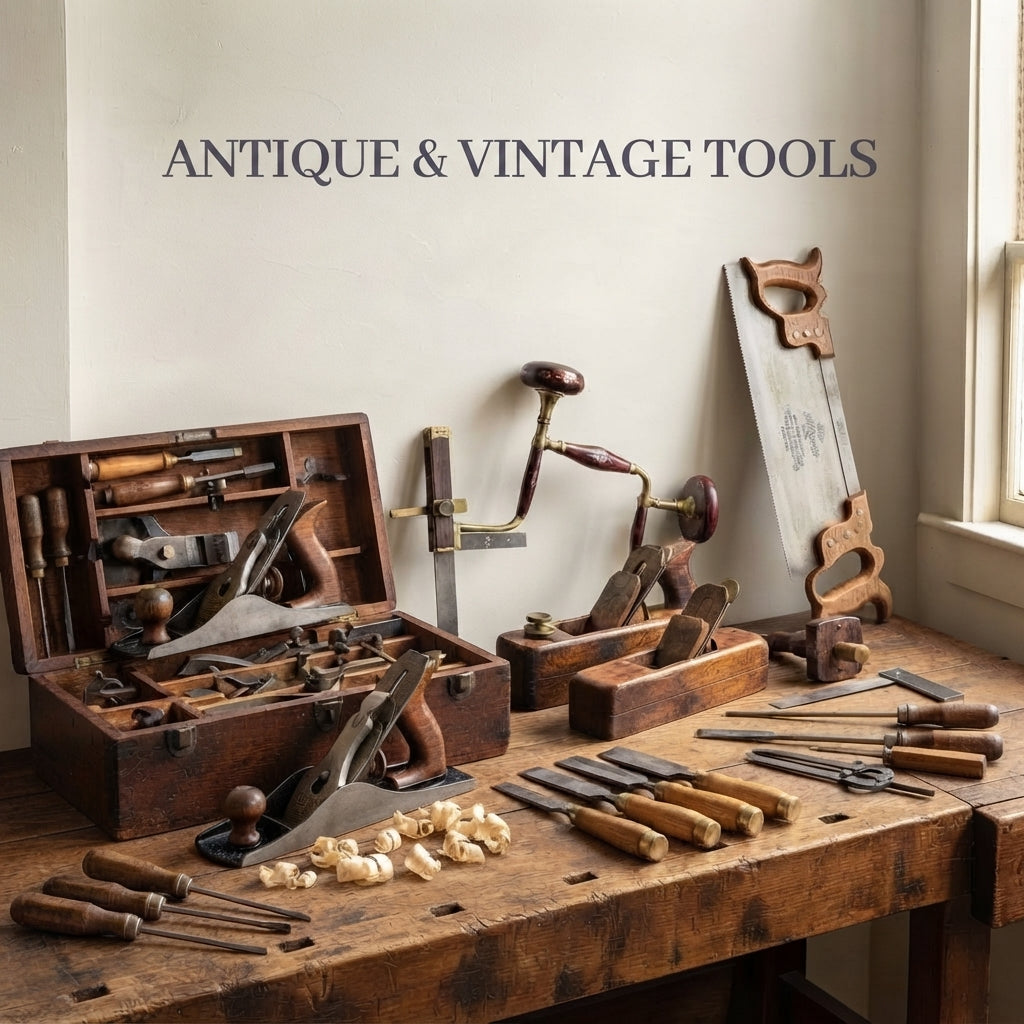Antique & Vintage Tools collection featuring a curated selection of classic hand tools in a warm, vintage-inspired setting
