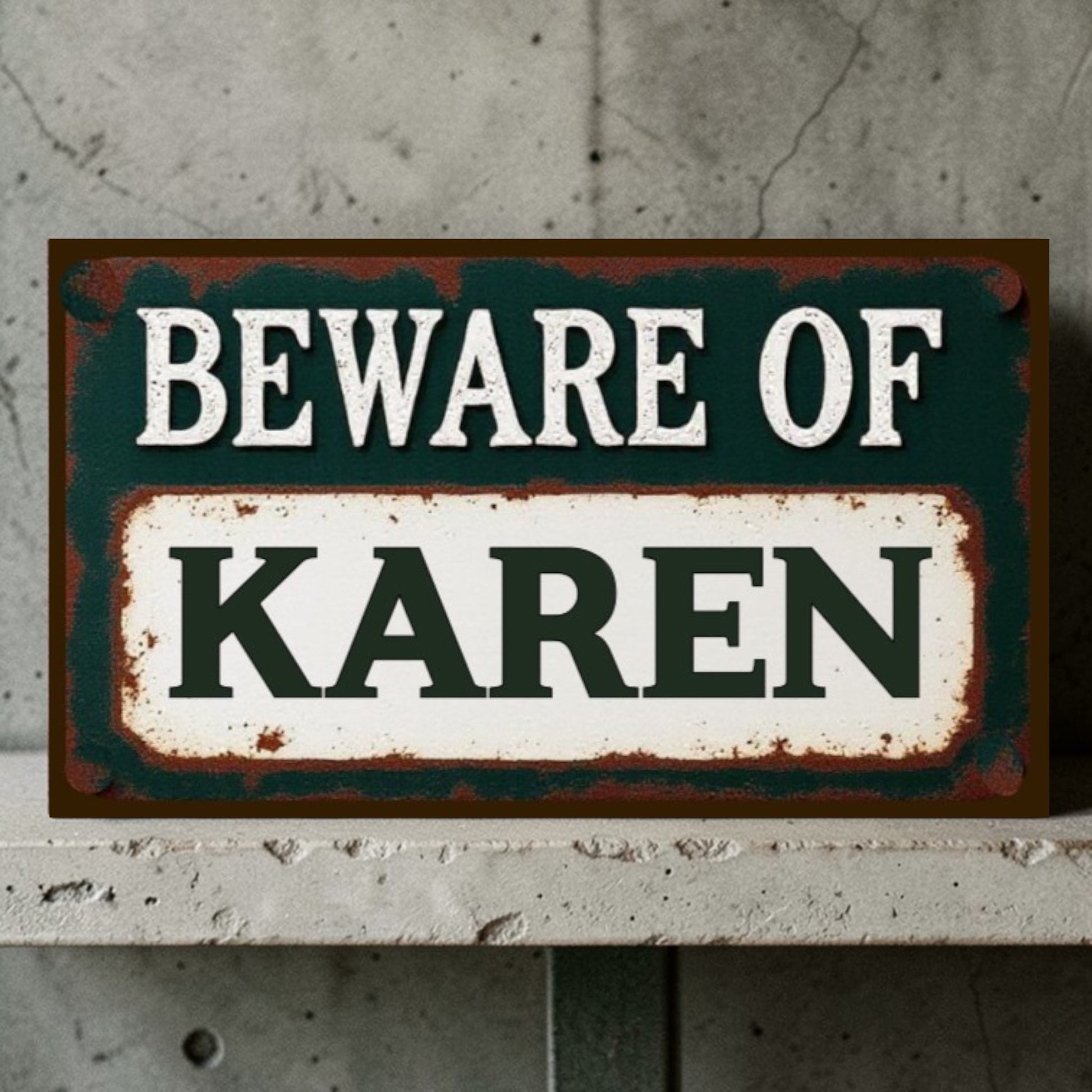 Metal sign with 'Beware of Karen' text on a textured wall background