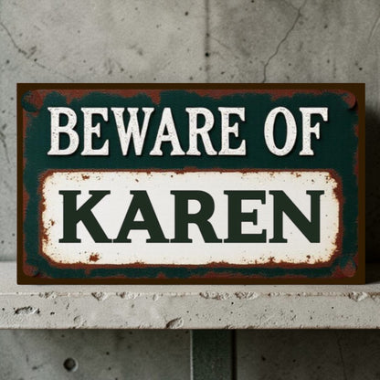 Metal sign with 'Beware of Karen' text on a textured wall background