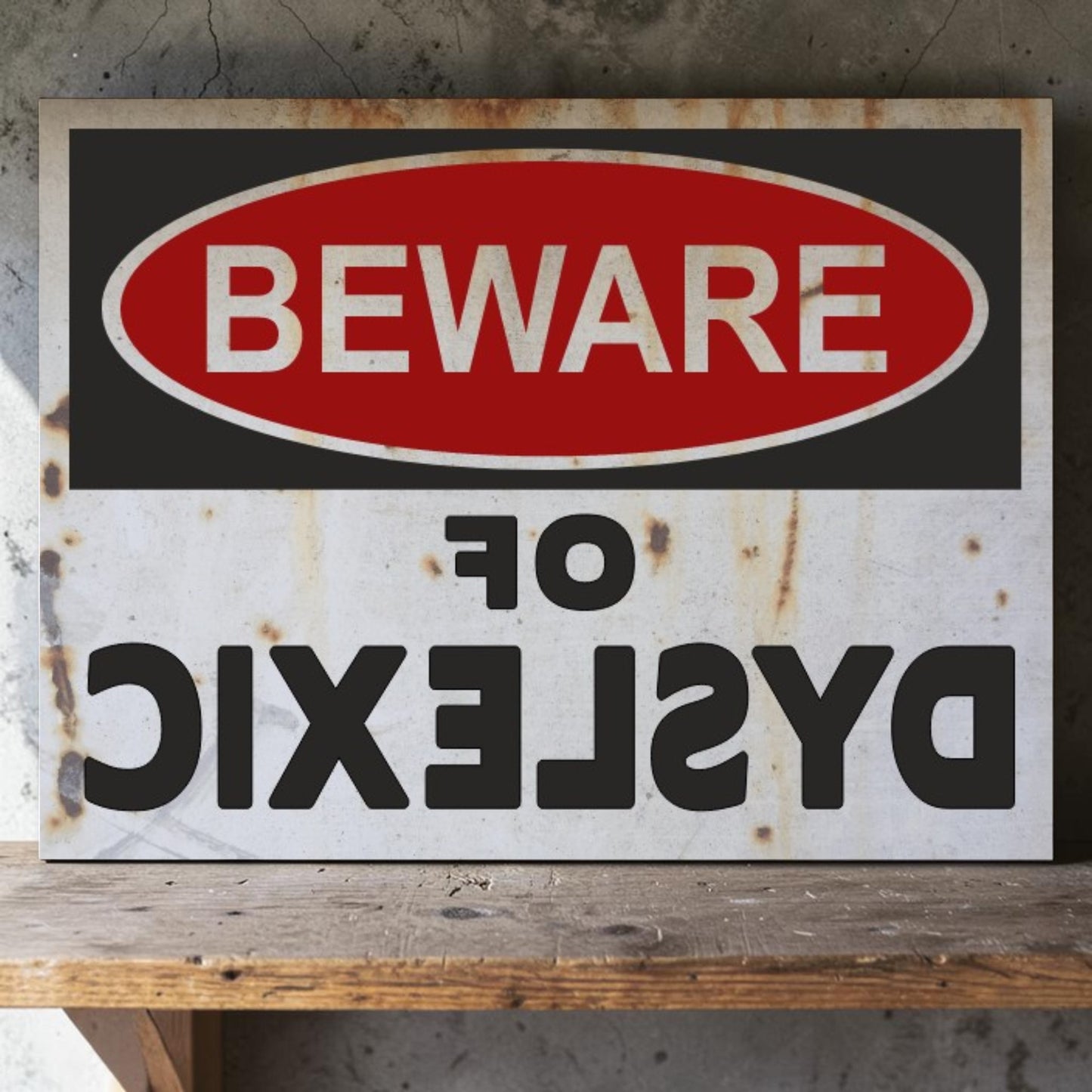 Rustic metal sign with 'Beware of Dyslexic' text on a wooden surface.