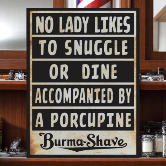 Vintage Burma Shave aluminum sign with retro slogan