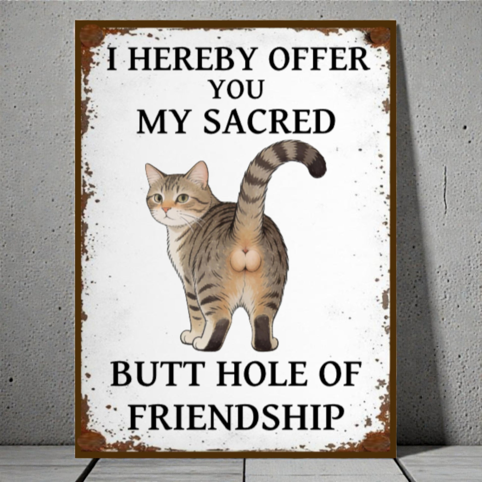 Sign with a cat illustration and humorous text on a white background