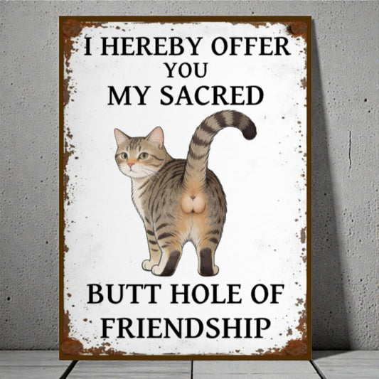 Sign with a cat illustration and humorous text on a white background