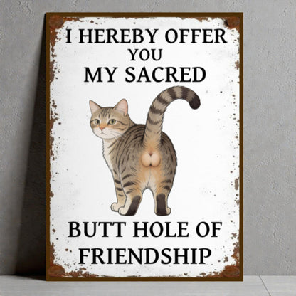 sign with a cat illustration and humorous text on a white background.
