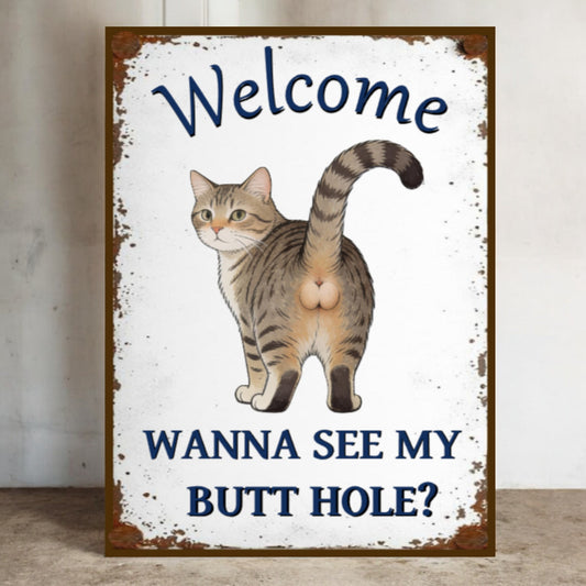 Sign with a cat illustration and humorous text on a white background