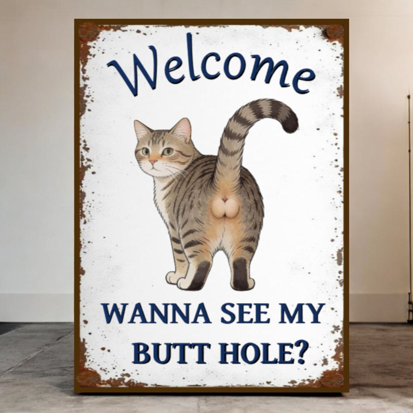 Sign with a cat illustration and humorous text on a white background