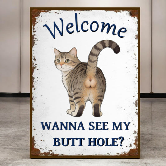 Sign with a cat illustration and humorous text on a white background