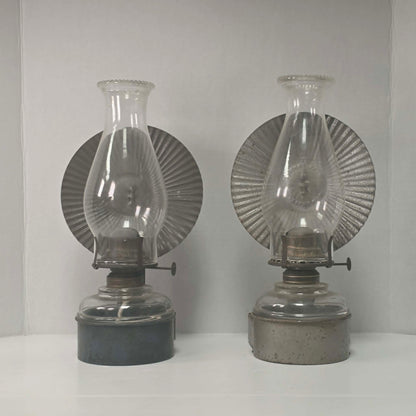 Beautiful matched pair of Queen Mary kerosene lamps with original Pycrest chimneys and pleated reflectors.