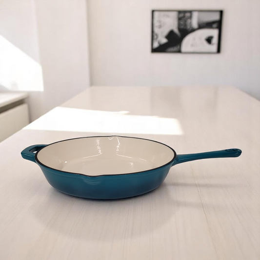 Vintage Blue Tramontina Enameled Cast Iron 12 Inch Fry Pan 