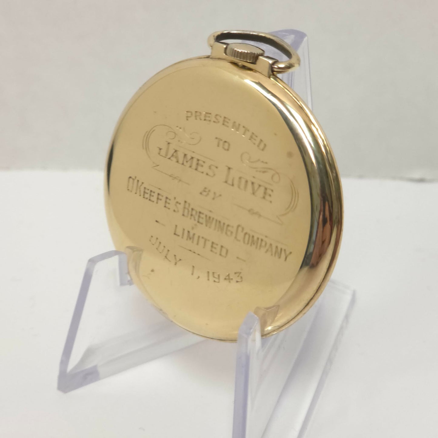 Bulova 17AH Pocket Watch 17 Jewels Gold Filled WWII Presentation O’Keefe’s Brewing 1943