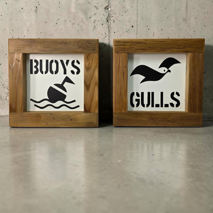 Nautical Metal “Buoys & Gulls” Bathroom Sign Set 6x6” 