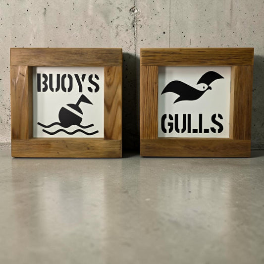 Nautical Metal “Buoys & Gulls” Bathroom Sign Set 6x6” 