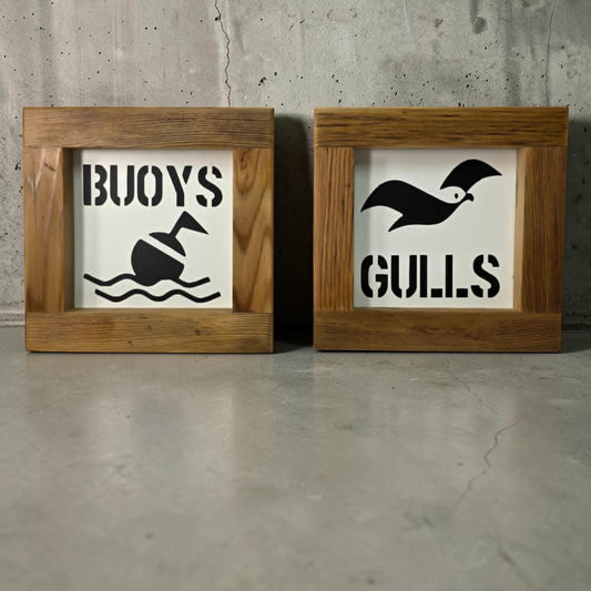 Nautical Metal “Buoys & Gulls” Bathroom Sign Set 6x6” 