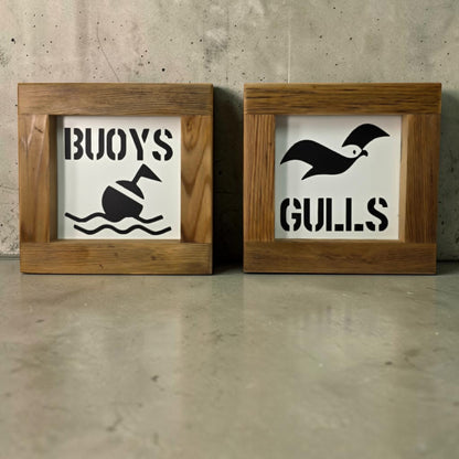 Nautical Metal “Buoys & Gulls” Bathroom Sign Set 6x6” 