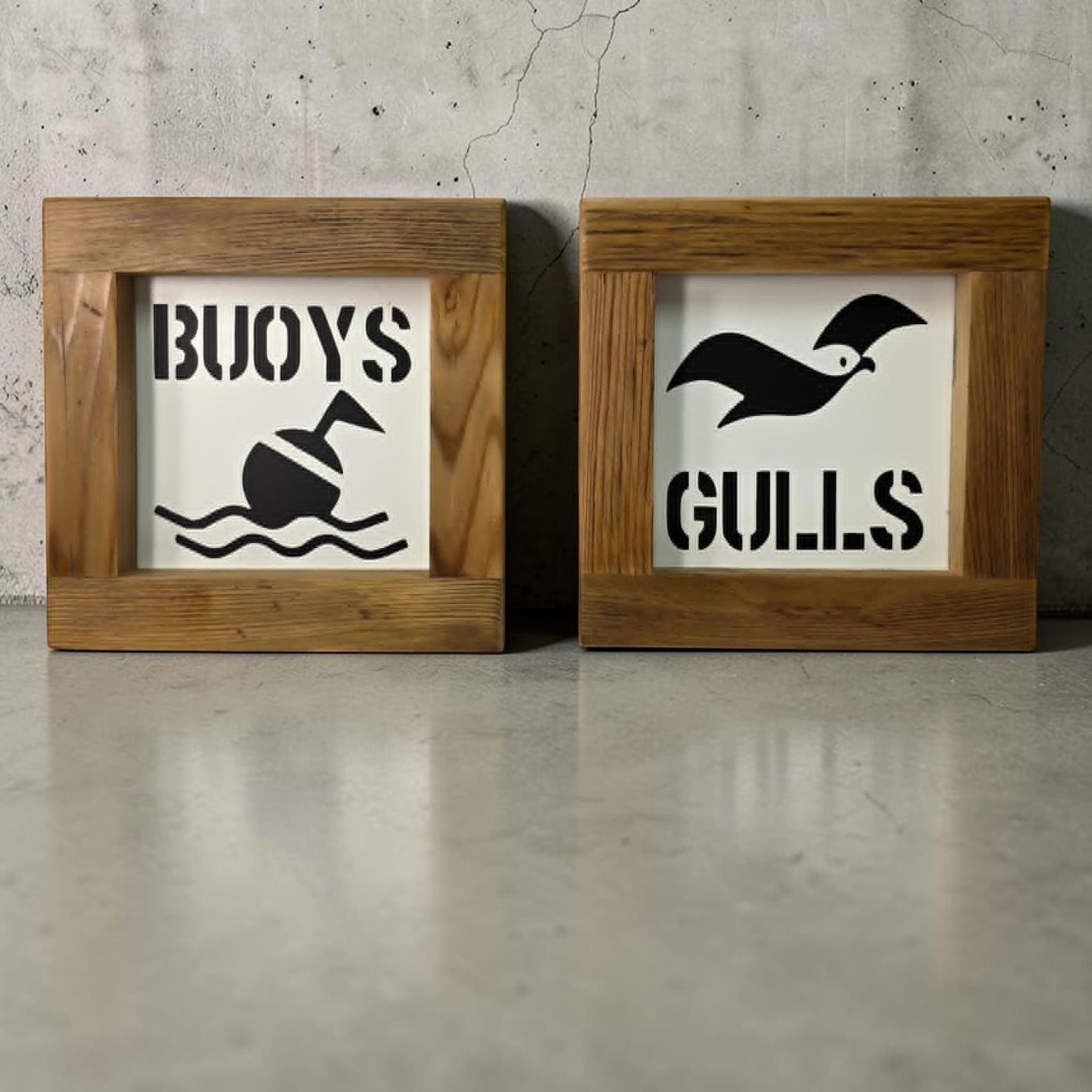 Nautical Metal “Buoys & Gulls” Bathroom Sign Set 6x6” 