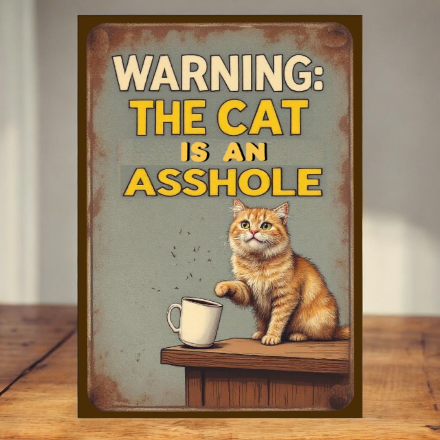 Vintage-style sign with a cat and text 'Warning: The cat is an asshole' on a wooden surface.