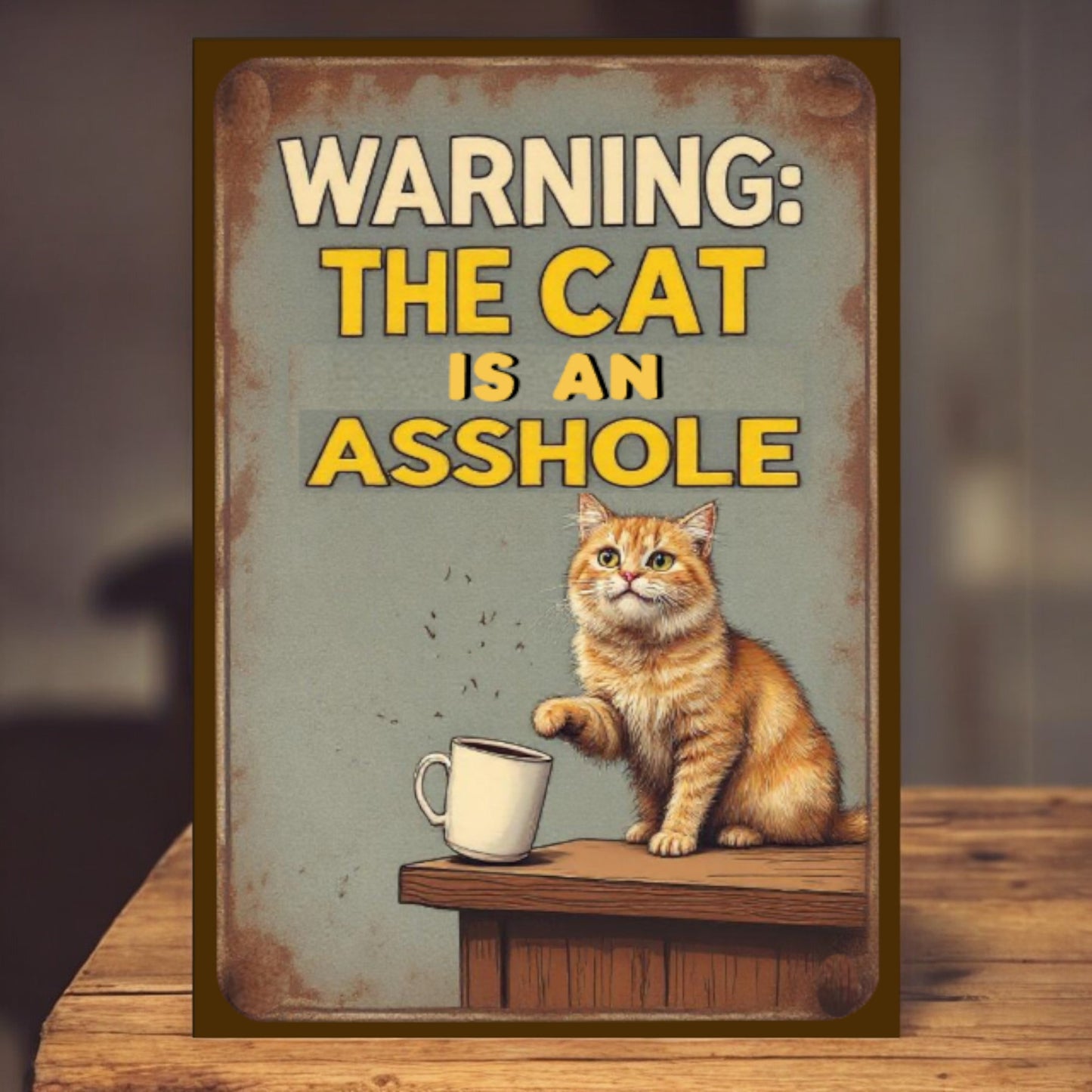 Vintage-style sign with a cat and text 'Warning: The cat is an asshole' on a wooden surface.