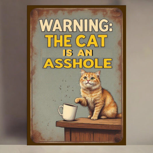 Vintage-style sign with a cat and text 'Warning: The cat is an asshole' on a wooden surface.