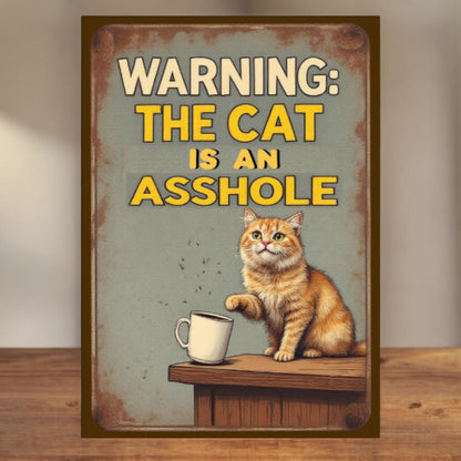 Vintage-style sign with a cat and text 'Warning: The cat is an asshole' on a wooden surface.