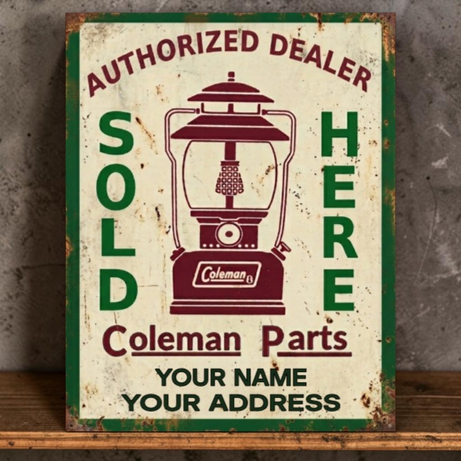 Personalized rustic Coleman Authorized Dealer Parts Sold Here sign with custom name and address.
