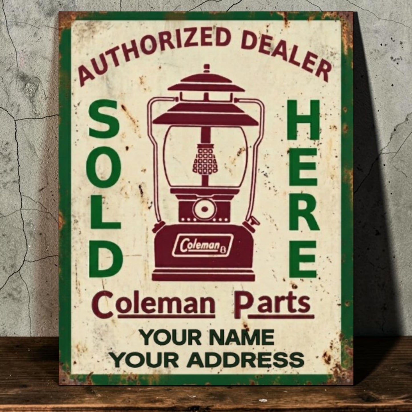 Personalized rustic Coleman Authorized Dealer Parts Sold Here sign with custom name and address.
