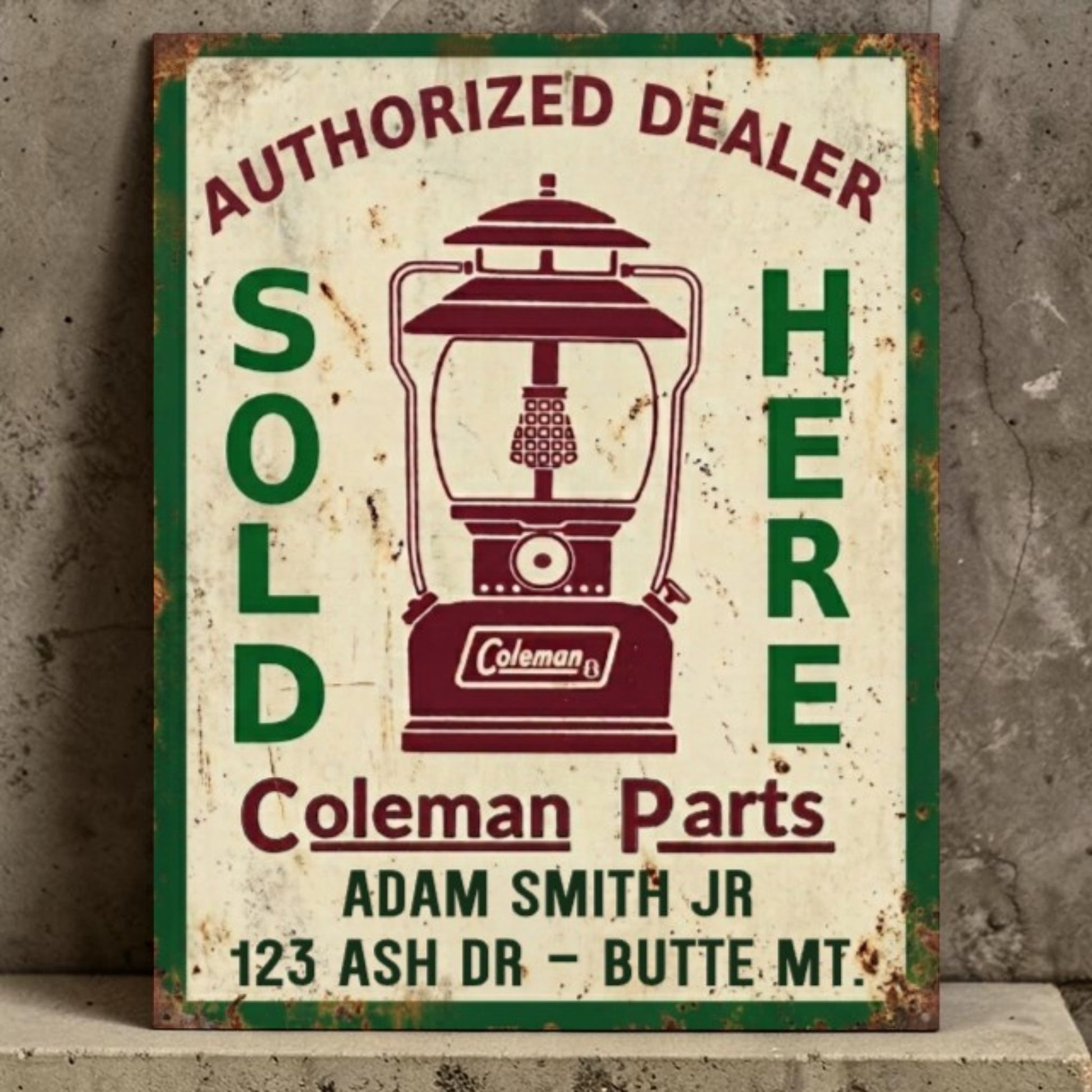 Personalized rustic Coleman Authorized Dealer Parts Sold Here sign with custom name and address.

