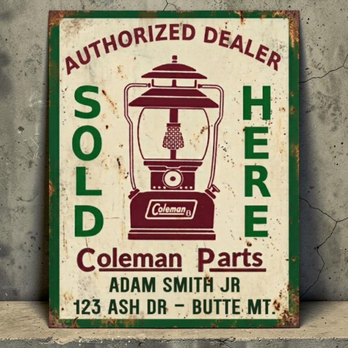 Personalized rustic Coleman Authorized Dealer Parts Sold Here sign with custom name and address.
