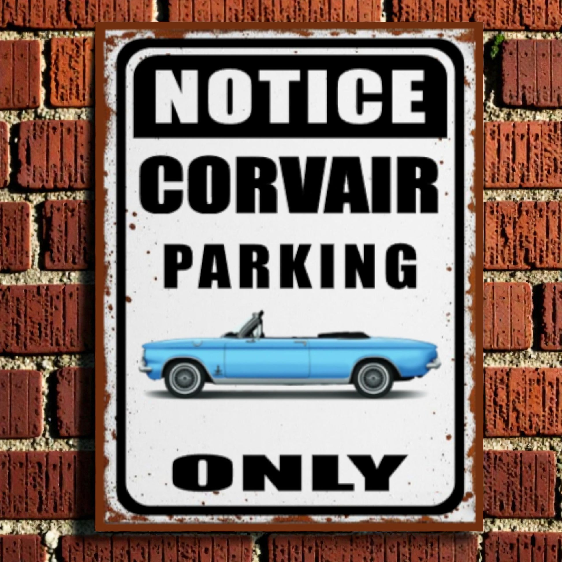 Vintage-style sign with a blue Corvair car on a brick wall background