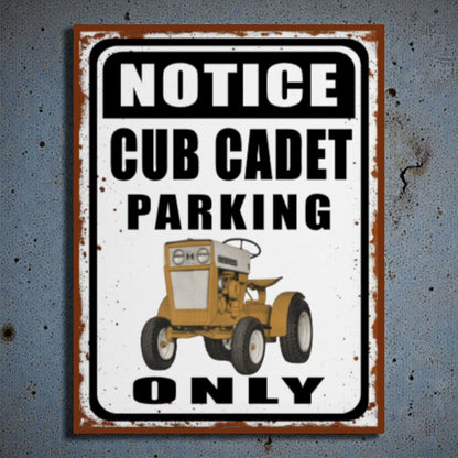 Vintage-style sign with a Cub Cadet tractor illustration on a textured background
