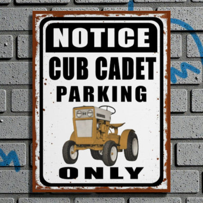 Vintage-style sign with a Cub Cadet tractor illustration on a brick wall background