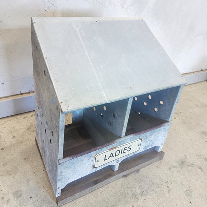Reclaimed galvanized chicken nesting box for hens measuring 24 by 21 by 13 inches, rustic coop egg laying box with optional Ladies sign.