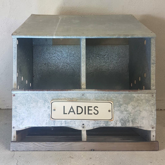 Reclaimed galvanized chicken nesting box for hens measuring 24 by 21 by 13 inches, rustic coop egg laying box with optional Ladies sign.