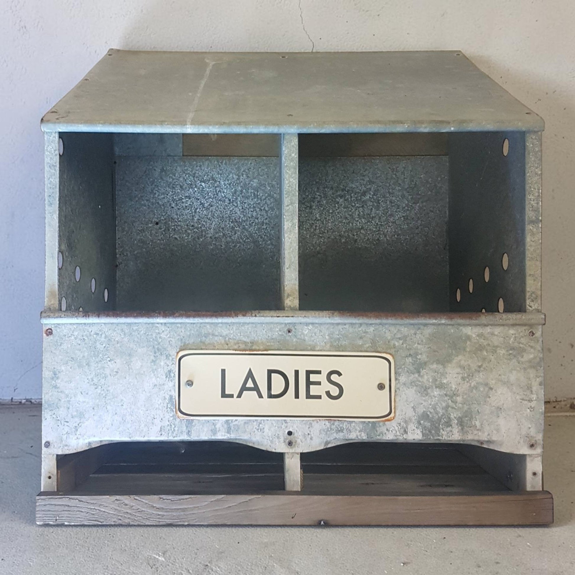 Reclaimed galvanized chicken nesting box for hens measuring 24 by 21 by 13 inches, rustic coop egg laying box with optional Ladies sign.