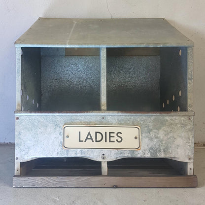 Reclaimed galvanized chicken nesting box for hens measuring 24 by 21 by 13 inches, rustic coop egg laying box with optional Ladies sign.