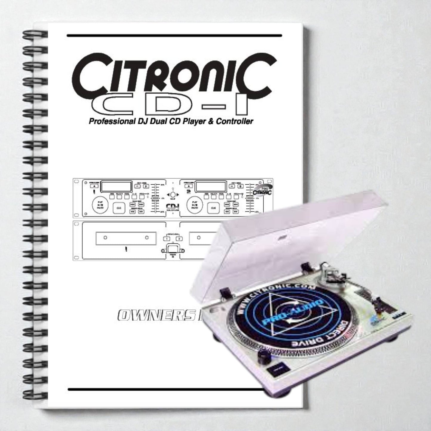 Citronic CD-1 DJ equipment with a manual on a white background