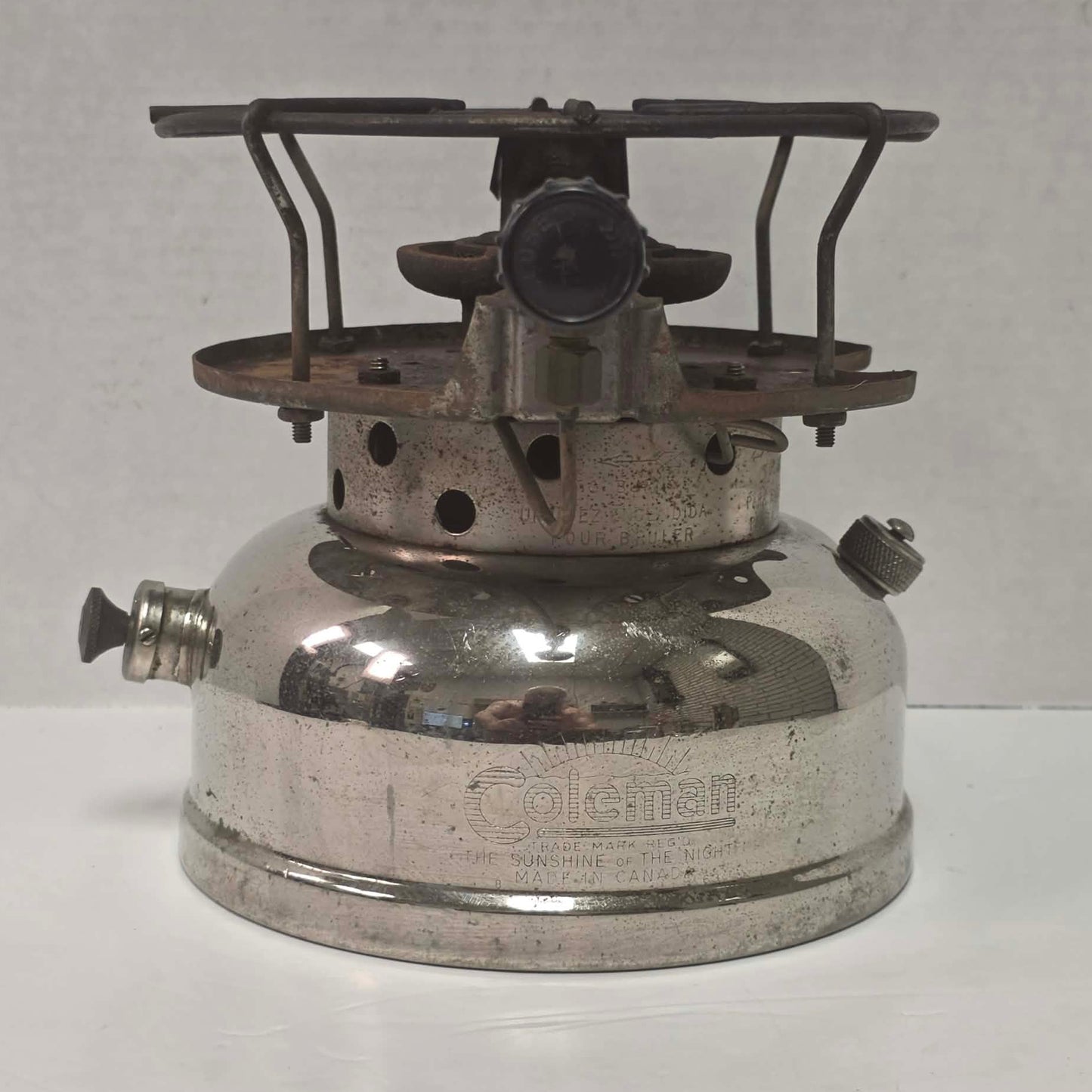 1962 Canadian Coleman Model 500 camp stove with Kit 1 stencil remnants and nickel finish.

