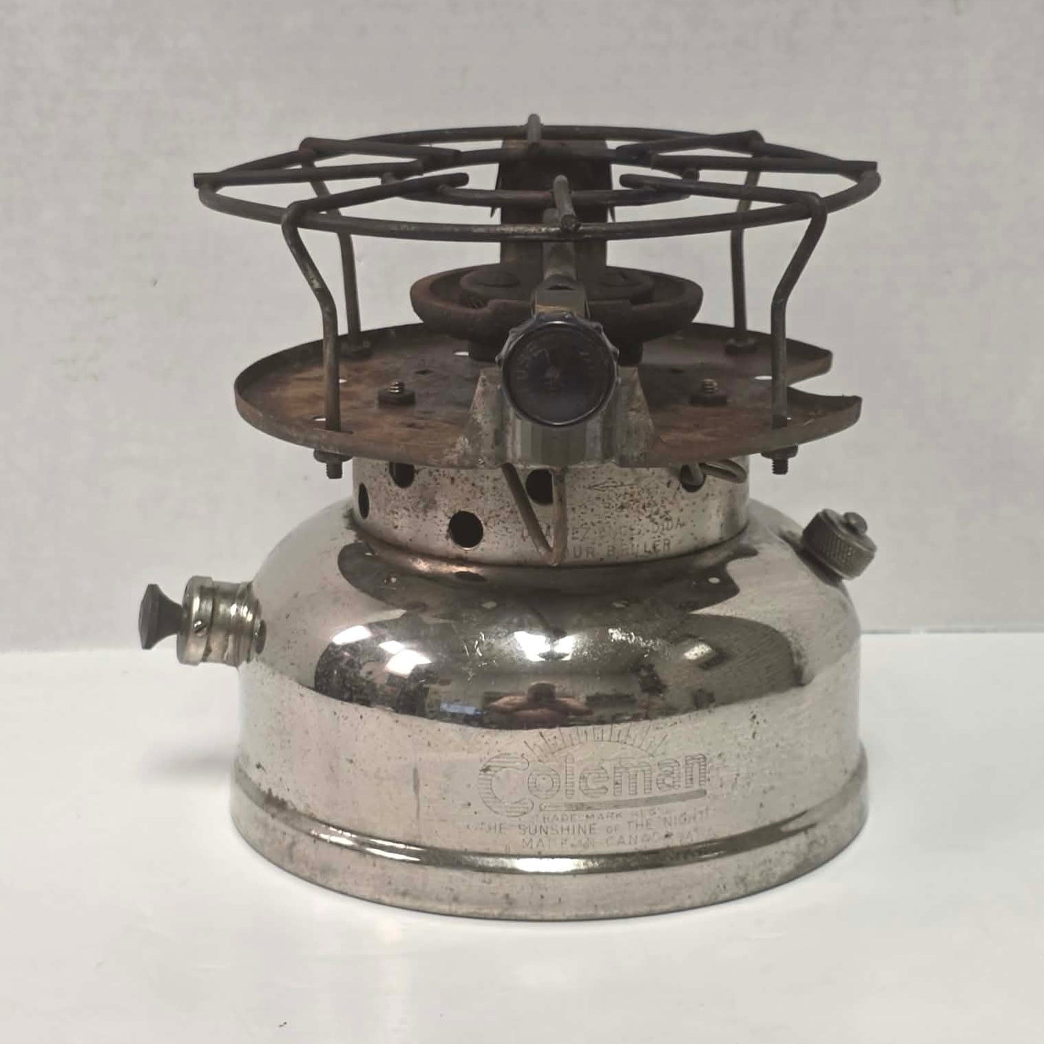1962 Canadian Coleman Model 500 camp stove with Kit 1 stencil remnants and nickel finish.

