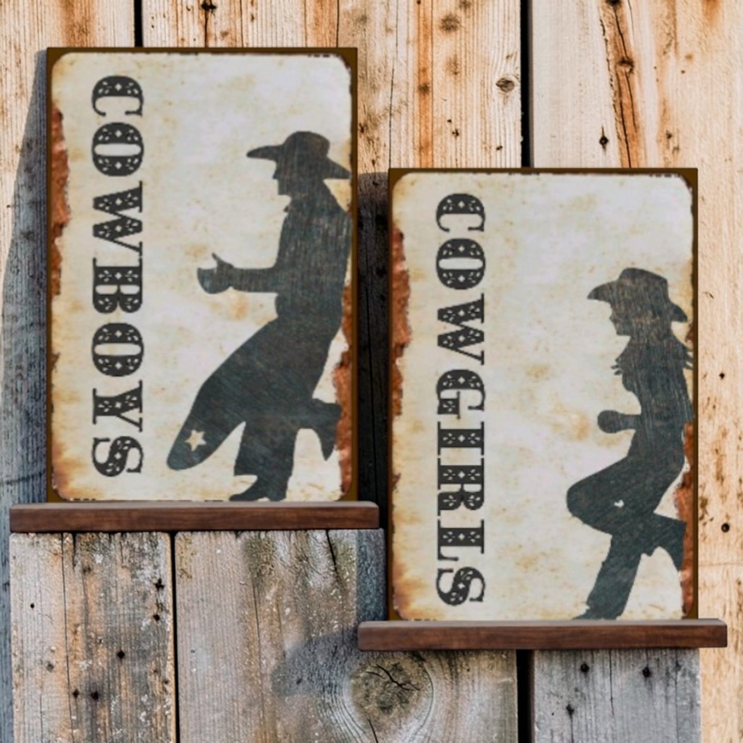 Rustic Western Bathroom Signs Set – Cowboys and Cowgirls Aluminum Restroom Wall Decor Pair