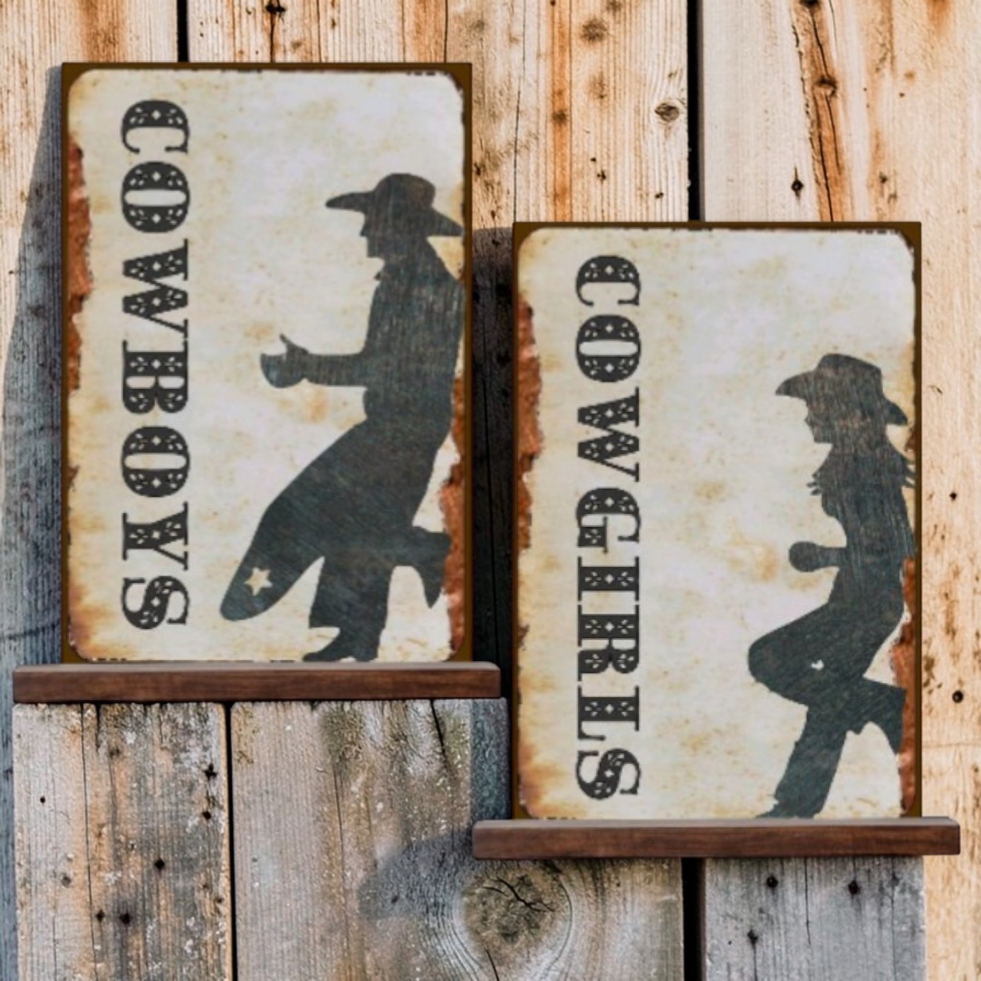 Rustic Western Bathroom Signs Set – Cowboys and Cowgirls Aluminum Restroom Wall Decor Pair
