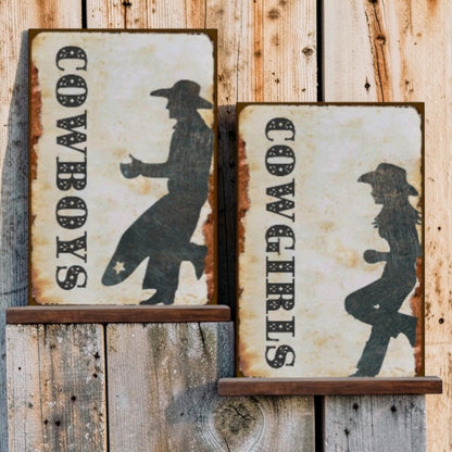 Rustic Western Bathroom Signs Set – Cowboys and Cowgirls Aluminum Restroom Wall Decor Pair